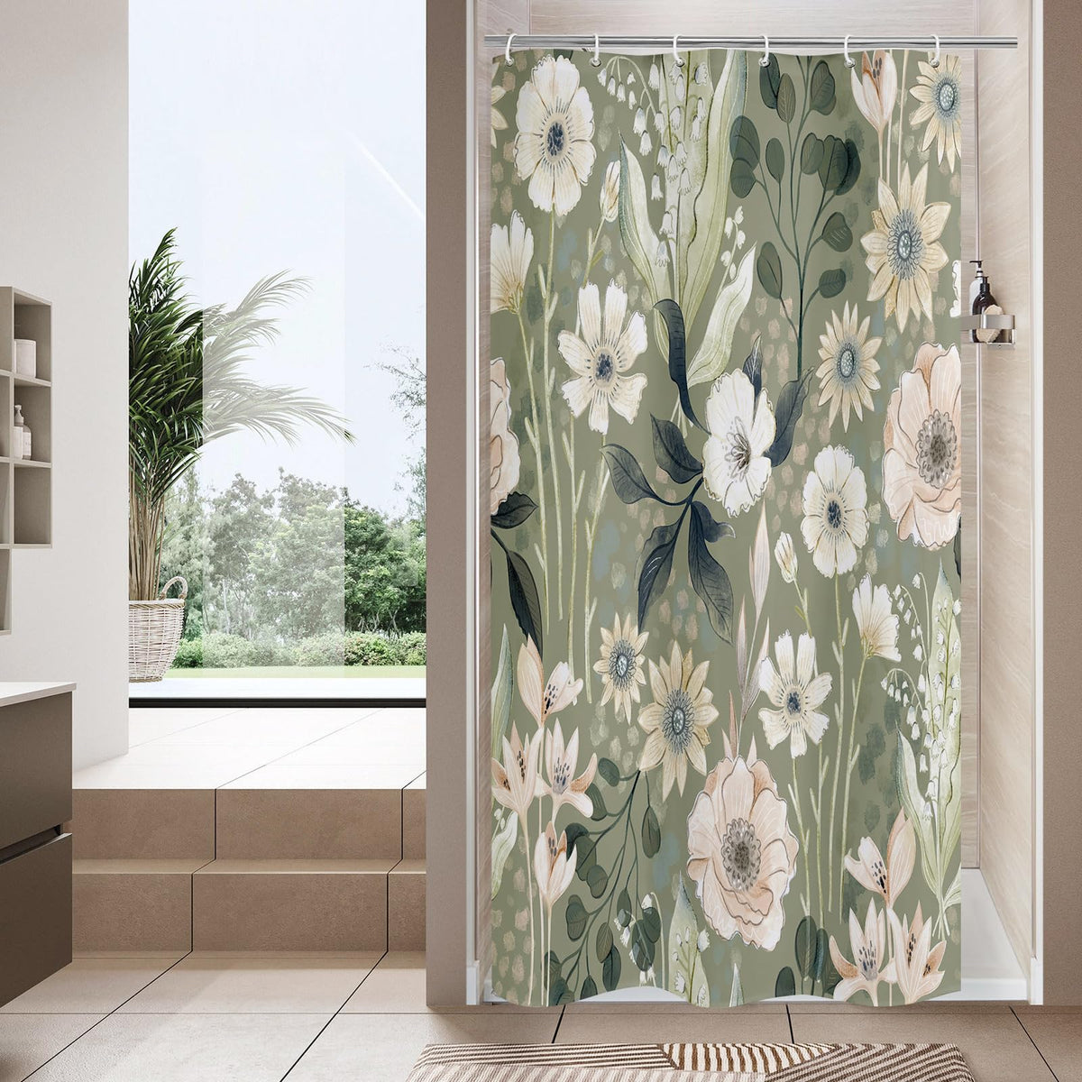 Mitovilla Extra Long Boho Floral Shower Curtain 72 X 84, Spring Leaves Shower Curtain, Xl Chic Shower Curtains For Modern Bathro