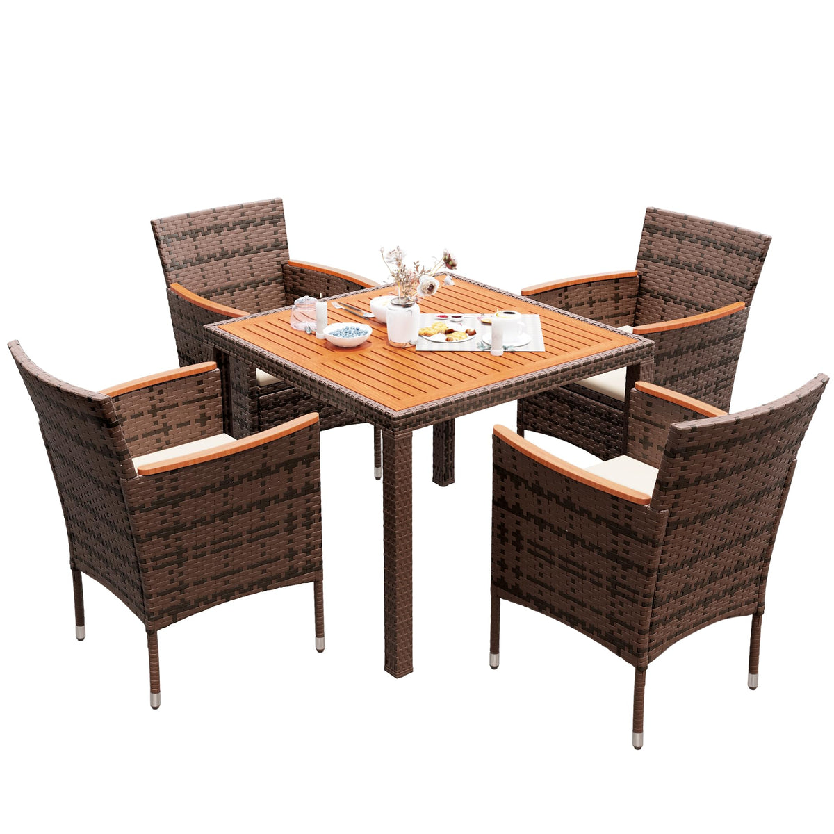 Devoko 5 Pcs Furniture, Patio Conversation Set With Acacia Wood Top, Rattan Outdoor Dining Table And Chairs For Backyard, Garden, Deck, Brown