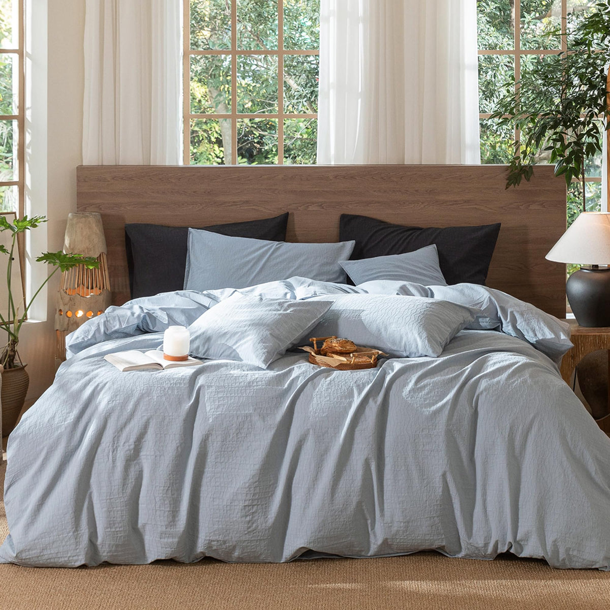 Moomee Wavy Stripe Duvet Cover Set 100% Washed Cotton Linen Like Textured Breathable Durable Soft Comfy (Cornflower Blue, Queen)