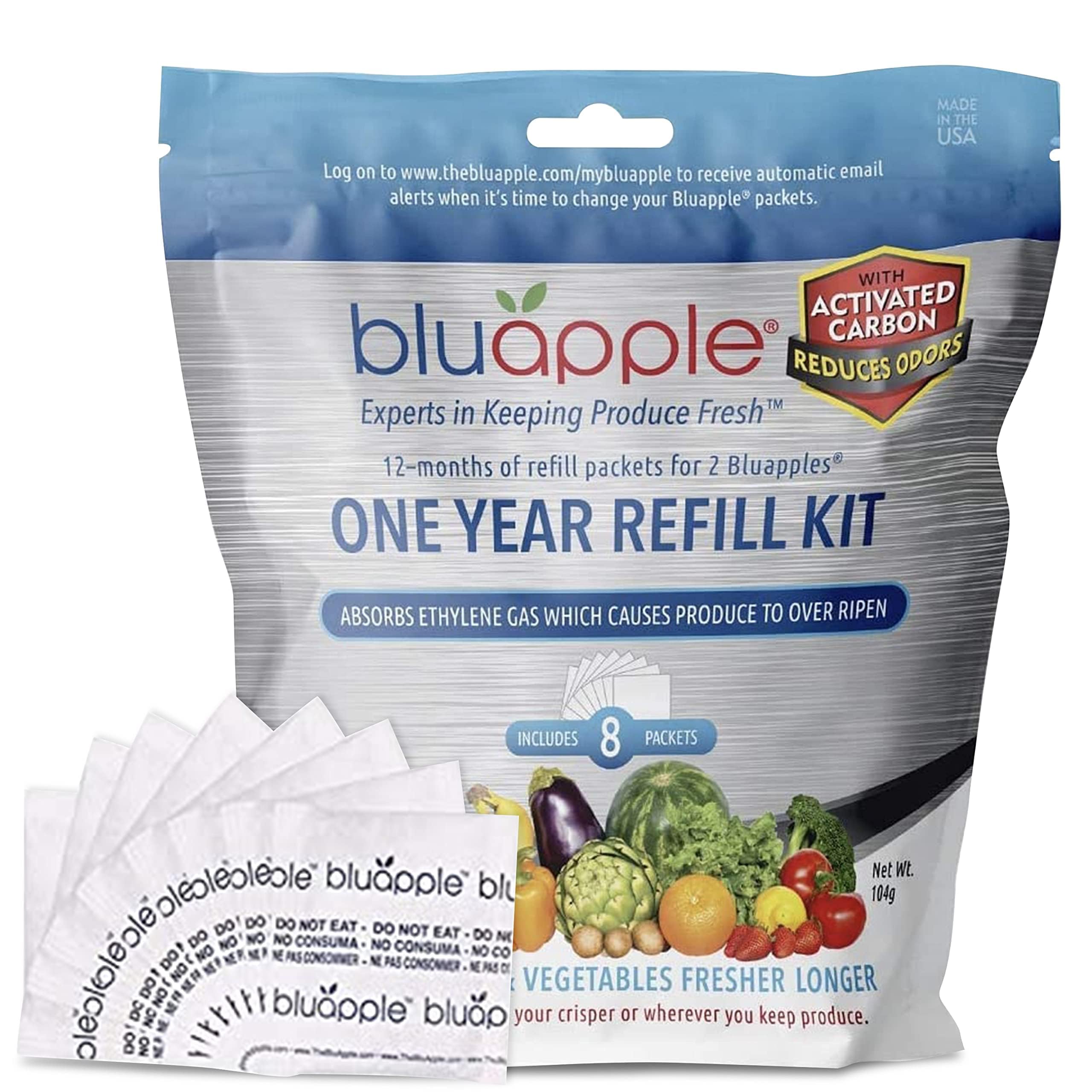 Bluapple Produce Saver Ethylene Gas Absorber 1 Year Refill Kit with Activated Carbon - 8 Packets (9 Grams Classic + 4 Grams of C