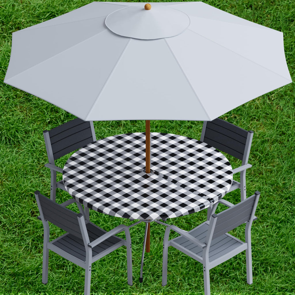 Sorfey Vinyl Umbrella Round Fitted Tablecloth Cover, Checkered Design, Flannel Backed Lining 60 Inch, Black