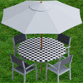 Sorfey Vinyl Umbrella Round Fitted Tablecloth Cover, Checkered Design, Flannel Backed Lining 60 Inch, Black