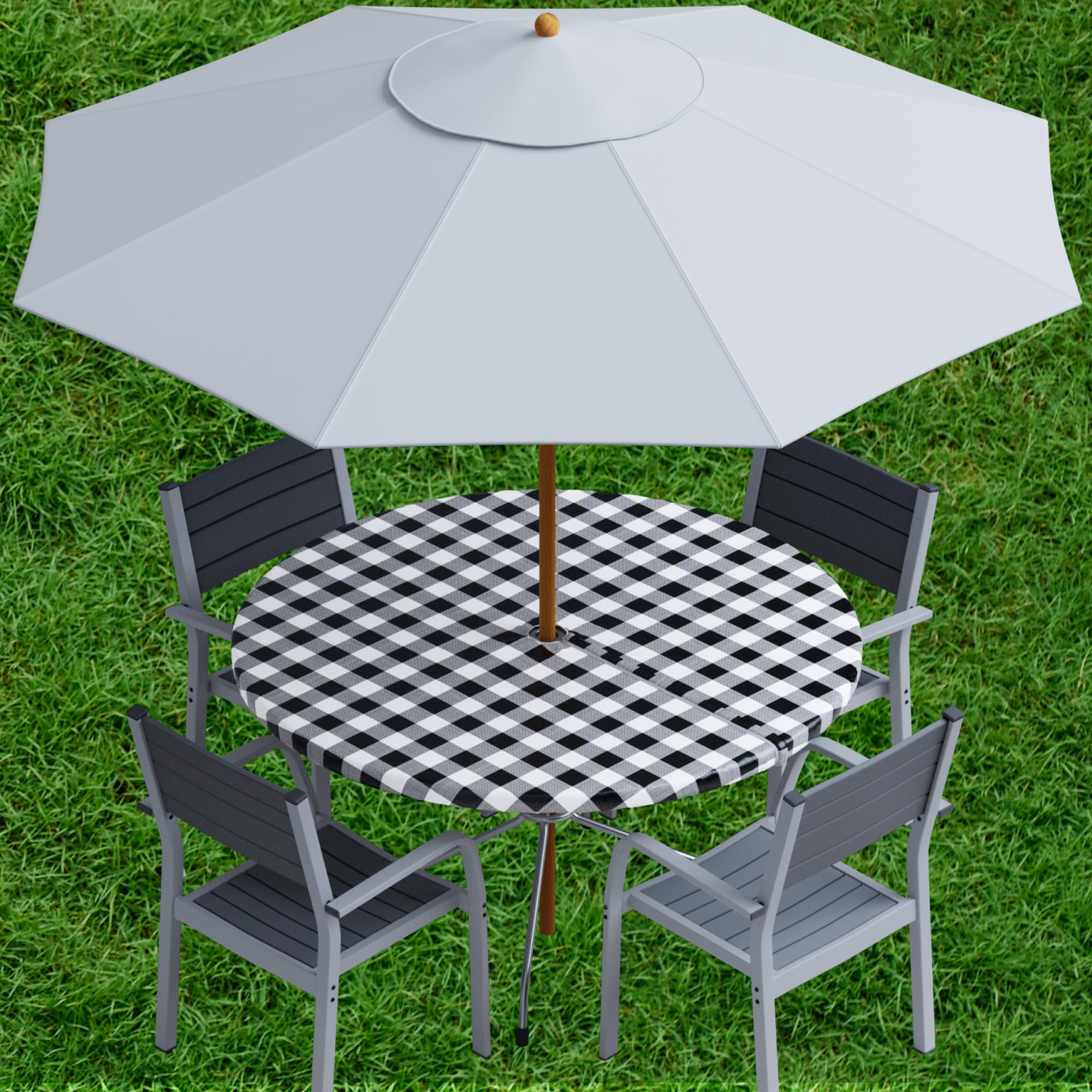 Sorfey Vinyl Umbrella Round Fitted Tablecloth Cover, Checkered Design, Flannel Backed Lining 60 Inch, Black