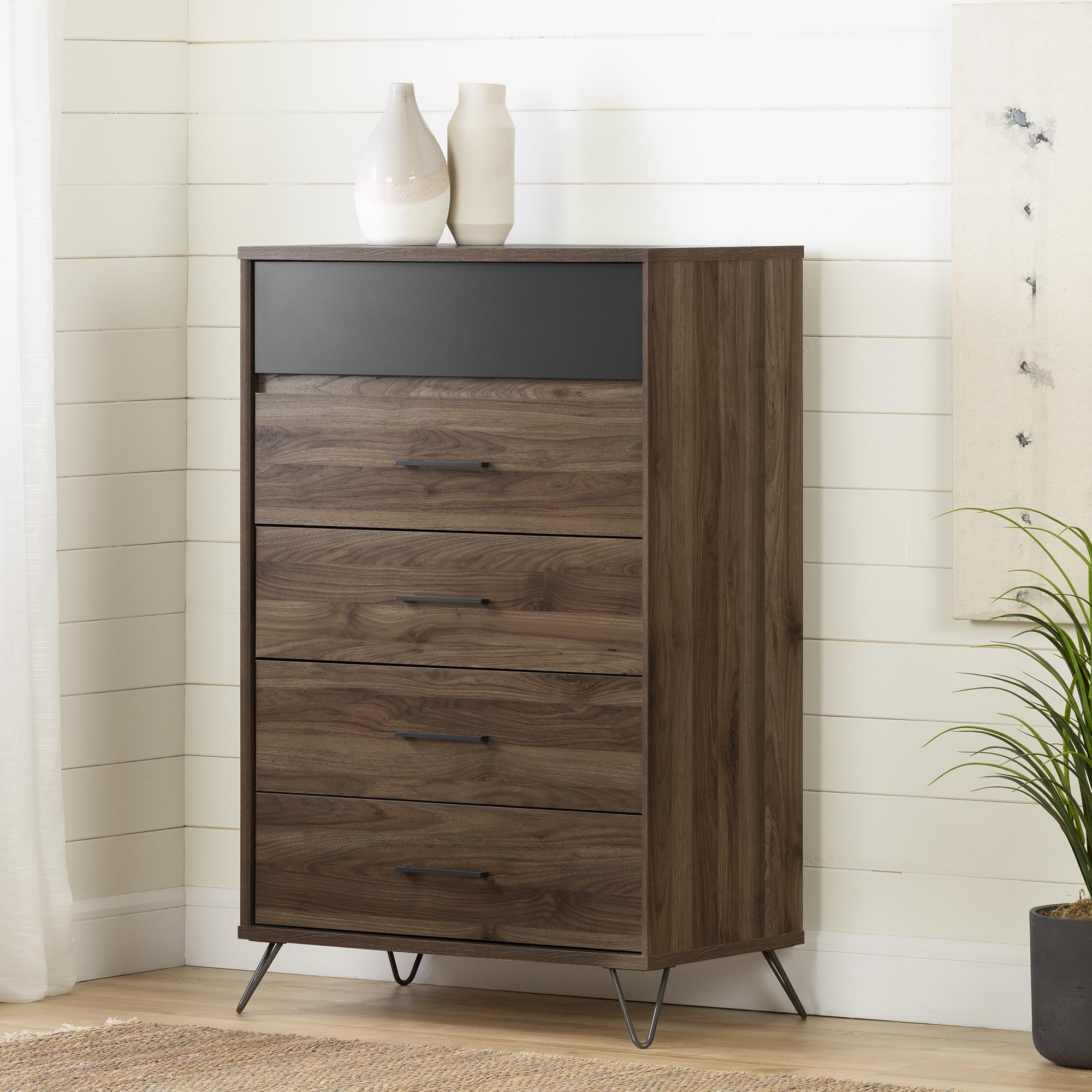 South Shore Olvyn 5-Drawer Chest Storage Unit, Natural Walnut and Charcoal
