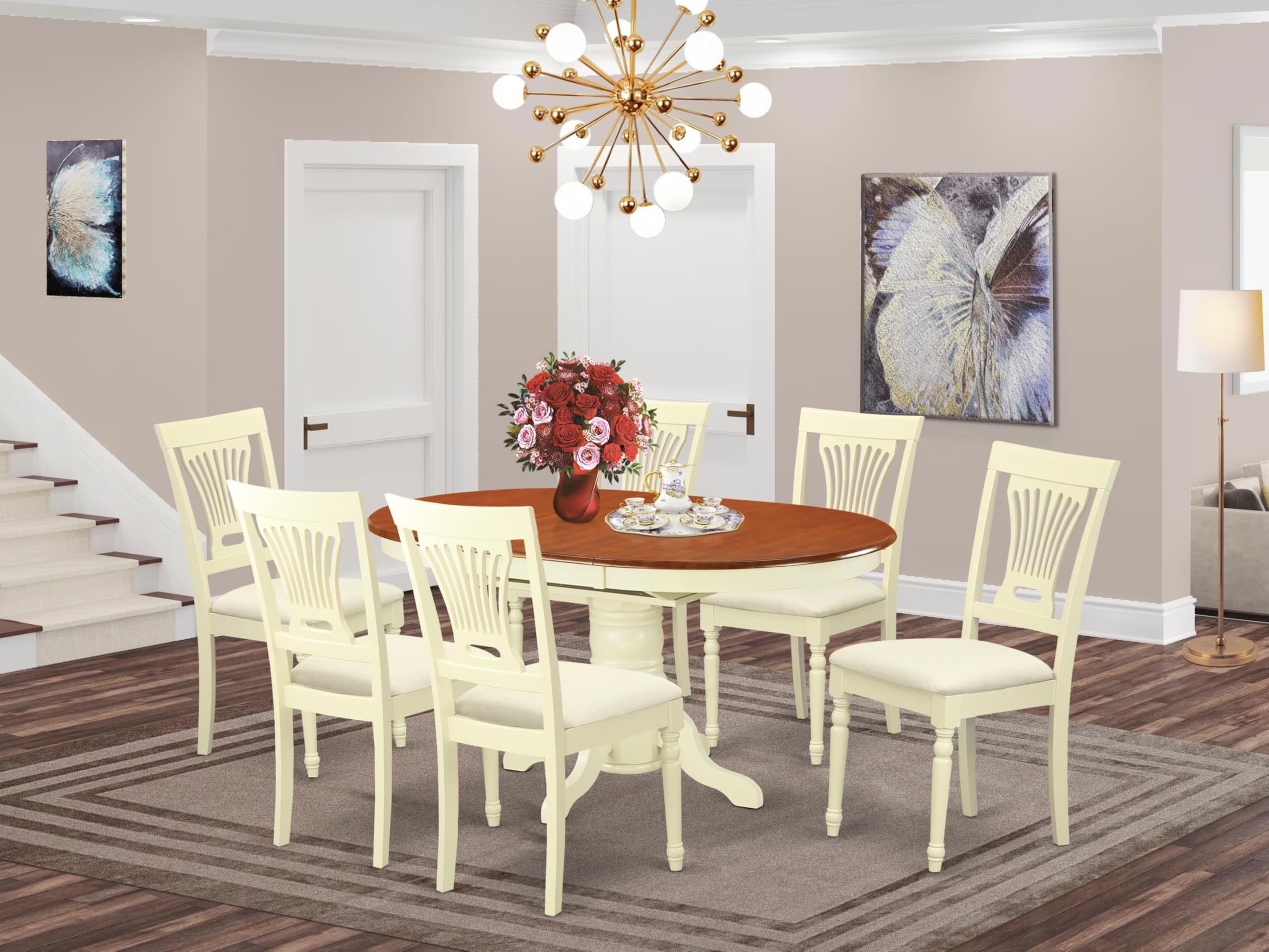 East West Furniture AVPL7-WHI-C 7 Piece Kitchen Table Set Consist of an Oval Dining Table with Butterfly Leaf and 6 Linen Fabric Dining Room Chairs, 42x60 Inch, Buttermilk & Cherry
