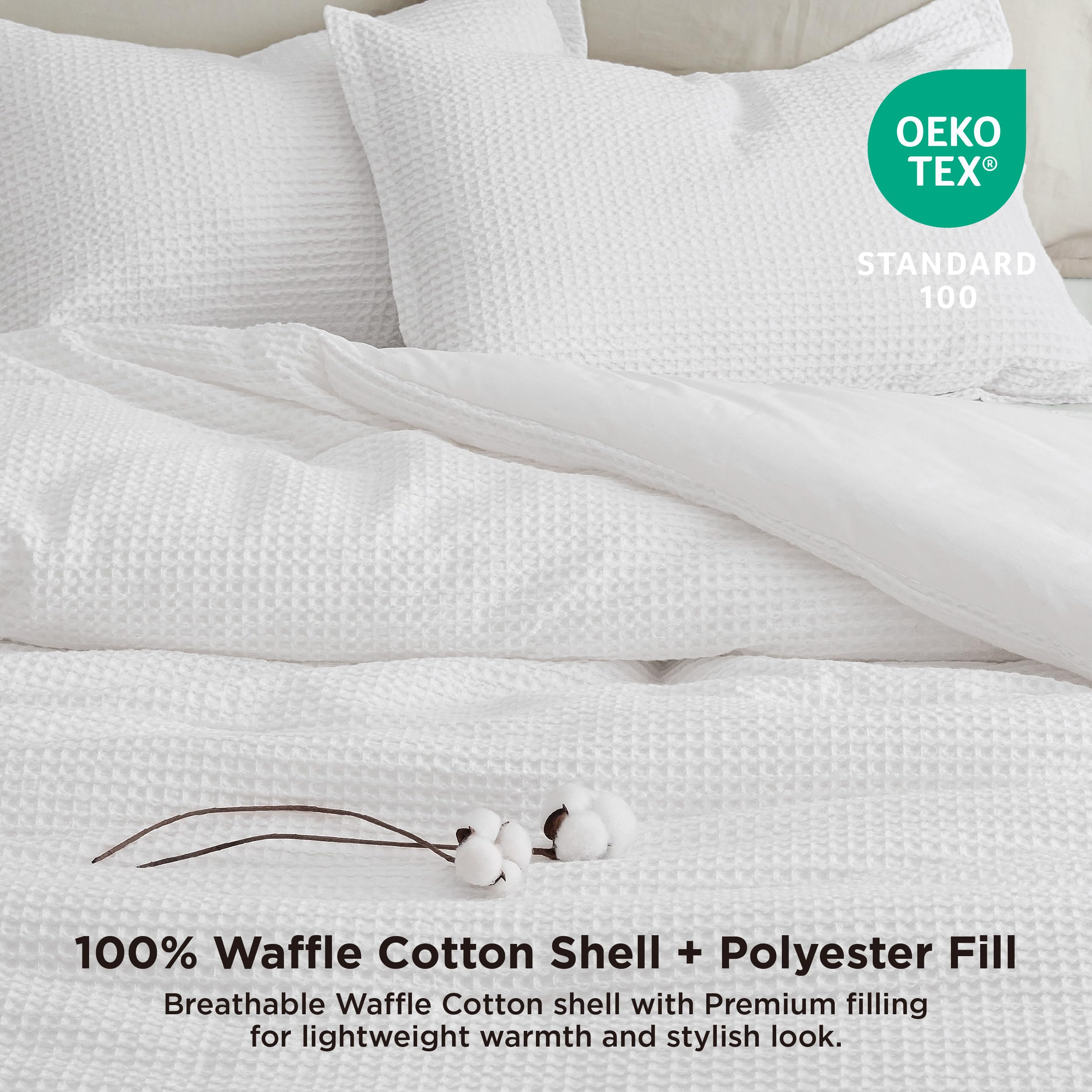 Bedsure Waffle Comforter Set Queen, White Soft Cotton Bedding, Waffle Weave Bed Set, 3 Pieces, 1 Comforter (90'X90') And 2 Pillow Shams, Premium Cotton Cover With Polyester Fill For All Seasons