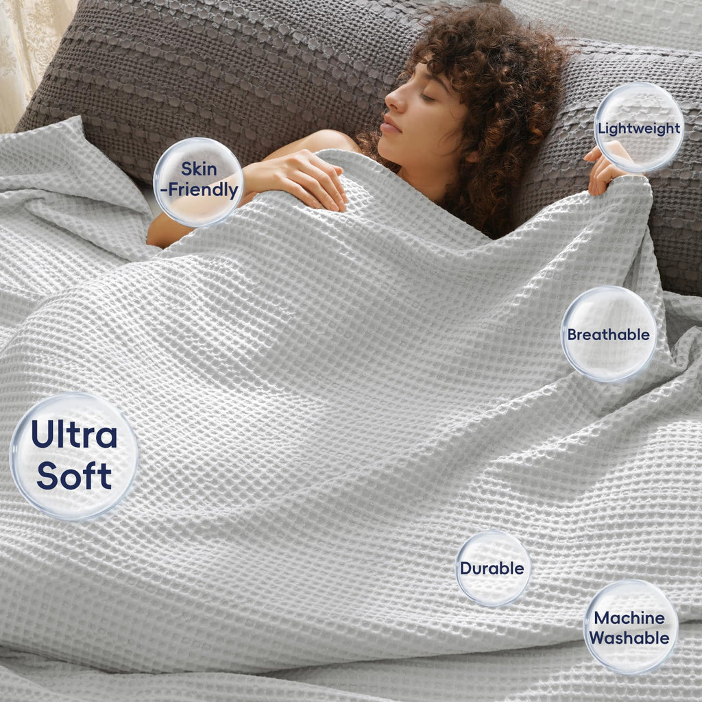 Phf Ultra Soft Waffle Weave Blanket Queen Size 90'X 90'- Washed Lightweight Breathable Cozy Woven Blanket For Bed - Aesthetic Decor For Couch Bedding Sofa Home Car - Light Grey
