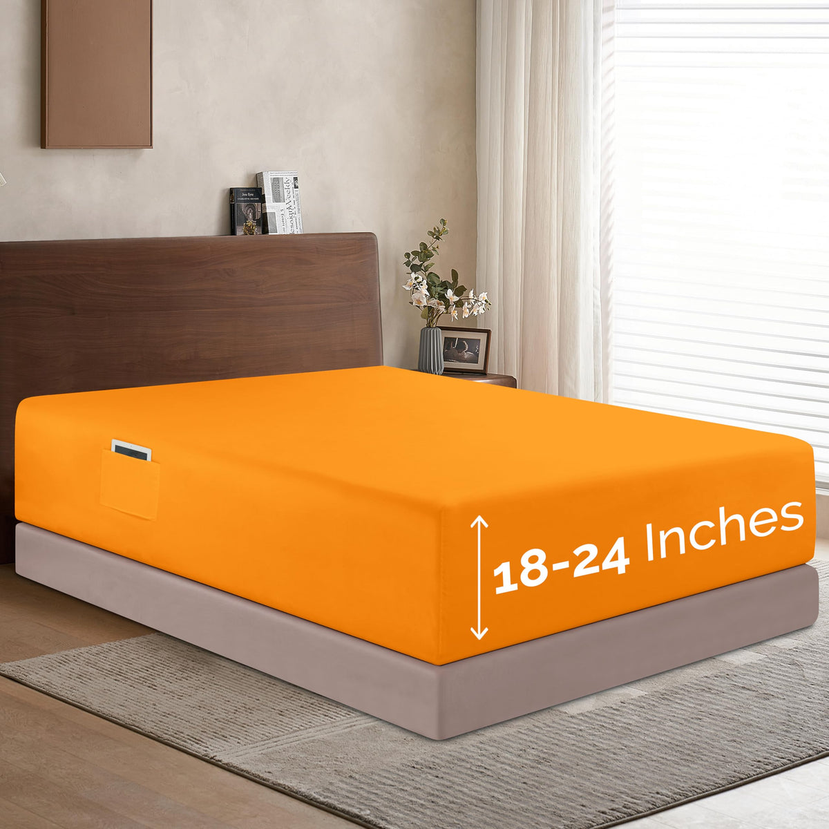 Elegant Comfort 1500 Premium Hotel Quality 18-24 Inches Deep - Extra Deep Pocket Single Fitted Sheet For High Mattress, Luxury And Softest, Smart Pocket - Wrinkle Free, Queen, Orange