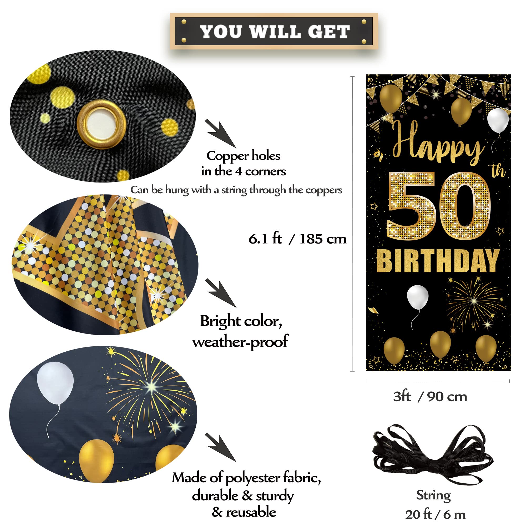 50Th Birthday Door Banner Backdrop, Black Gold Happy 50Th Birthday Decorations Women Men, 50 Years Birthday Photo Booth Props, F