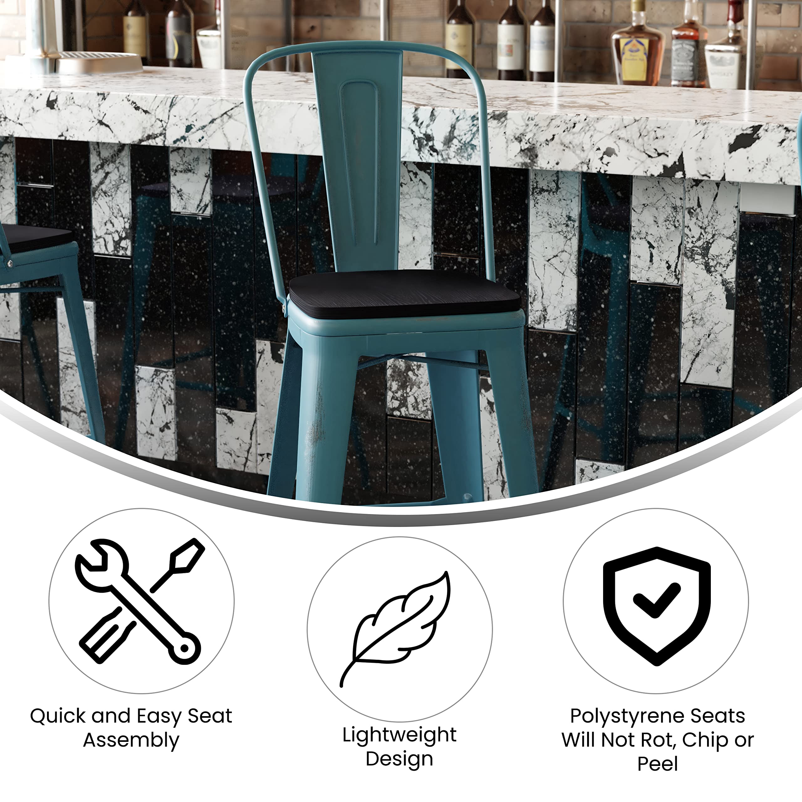 Flash Furniture Carly Commercial Grade 30&quot; High Kelly Blue-Teal Metal Indoor-Outdoor Bar Height Stool with Back and Black Polystyrene Seat