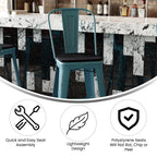 Flash Furniture Carly Commercial Grade 30" High Kelly Blue-Teal Metal Indoor-Outdoor Bar Height Stool with Back and Black Polystyrene Seat