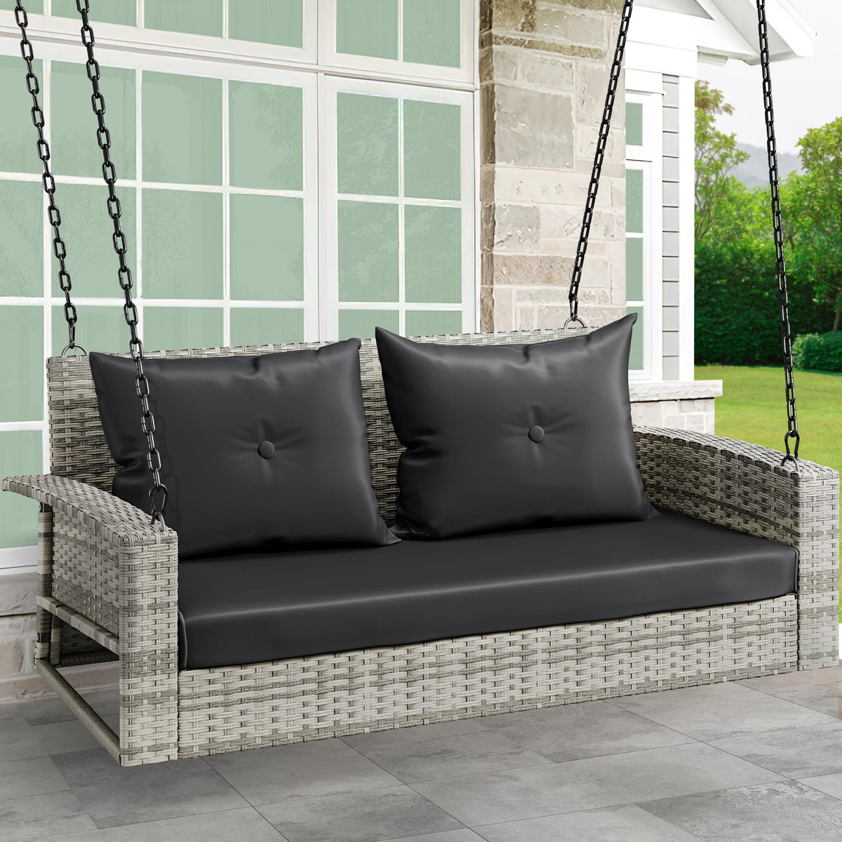 Yitahome 2-Seats Wicker Hanging Porch Swing Chair Outdoor Gray Rattan Patio Swing Lounge W/ 2 Back Cushions Capacity 530Lbs For Garden, Balcony, Living Room, Gray Rattan Black Cushion