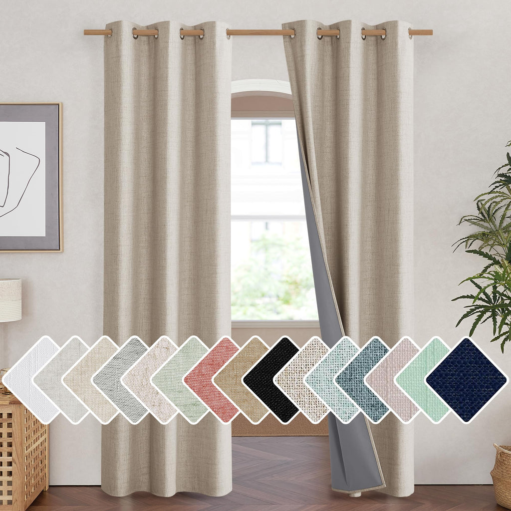 Nicetown Oatmeal Full Blackout Boho-Chic Linen Curtains 84 Inch Long 2 Panels Set For Cafe Window, 42 Inch Wide, Thick Linen Blend Drapes, Insulated Window Covers Draperies With White Backing