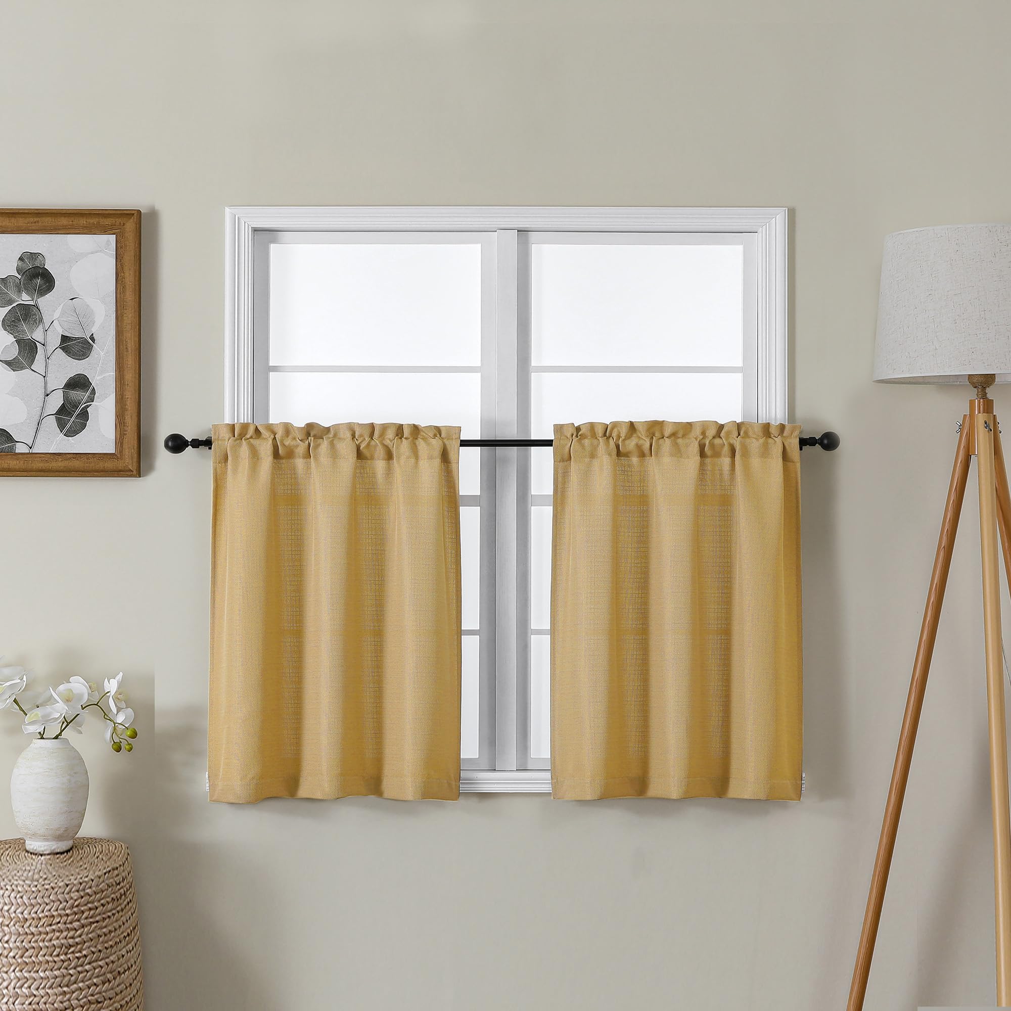 Lecloud Bessie Gold Short Curtains 24 Inch Length 2 Pcs, Faux Linen Cafe Kitchen Small Curtains with Rod Pocket, Light Filtering