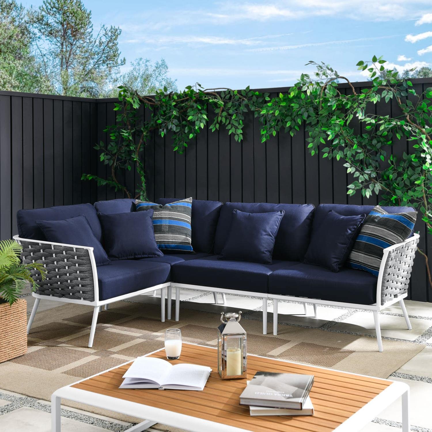 Modway EEI-5753-WHI-NAV Stance Outdoor Patio Woven Rope Aluminum, Large Sectional Sofa, White Navy