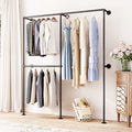 DR.IRON Industrial Pipe Clothing Racks with Double Bar, Industrial Black Clothes Racks Wall Mounted, Heavy Duty Closet Rods for 