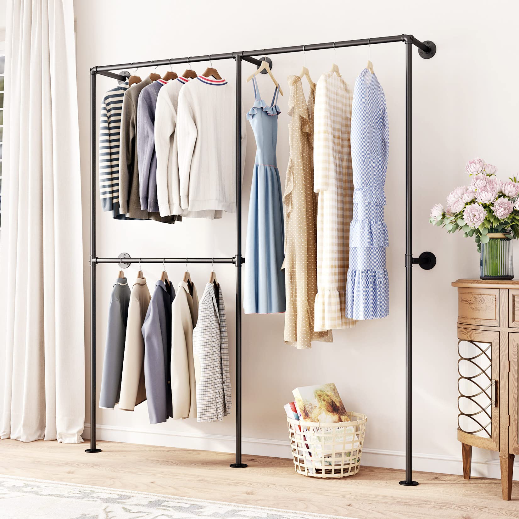 DR.IRON Industrial Pipe Clothing Racks with Double Bar, Industrial Black Clothes Racks Wall Mounted, Heavy Duty Closet Rods for 