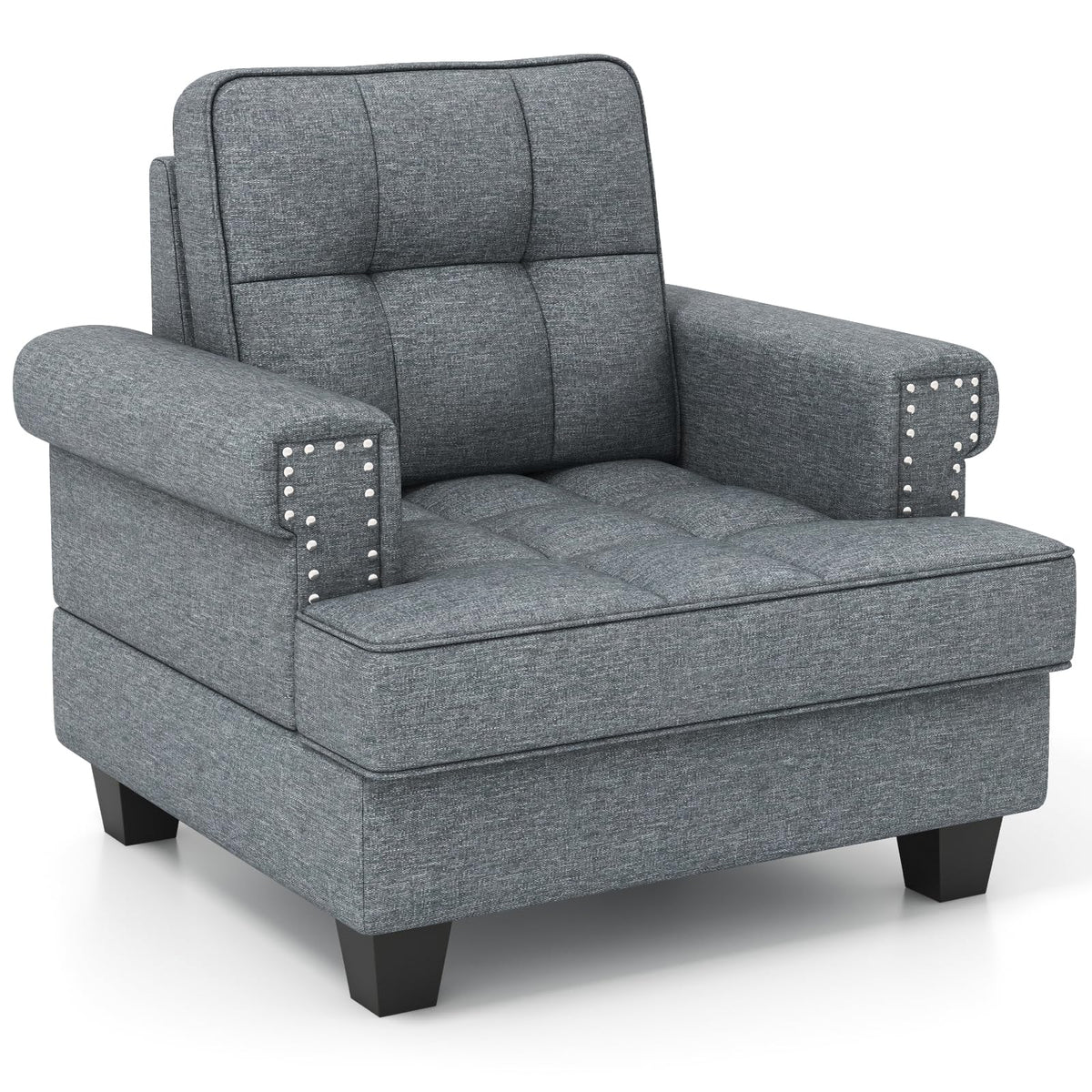 Giantex Mid Century Modern Accent Chair, Tufted Linen Single Sofa Chair With Thick Pillow & Cushion, Solid Rubber Wood Structure, Studded Upholstered Reading Arm Chair For Living Room, Bedroom, Grey