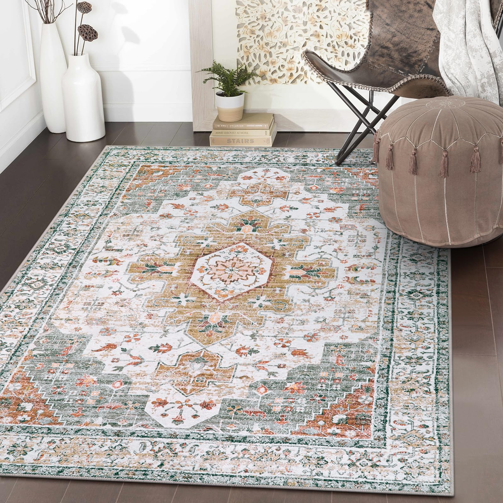 Moynesa Ultra-Thin Washable Area Rug - 3x5 Entryway Rug Washable Bedroom Rug Non Slip Front Door Mat, Vintage Medallion Printed 
