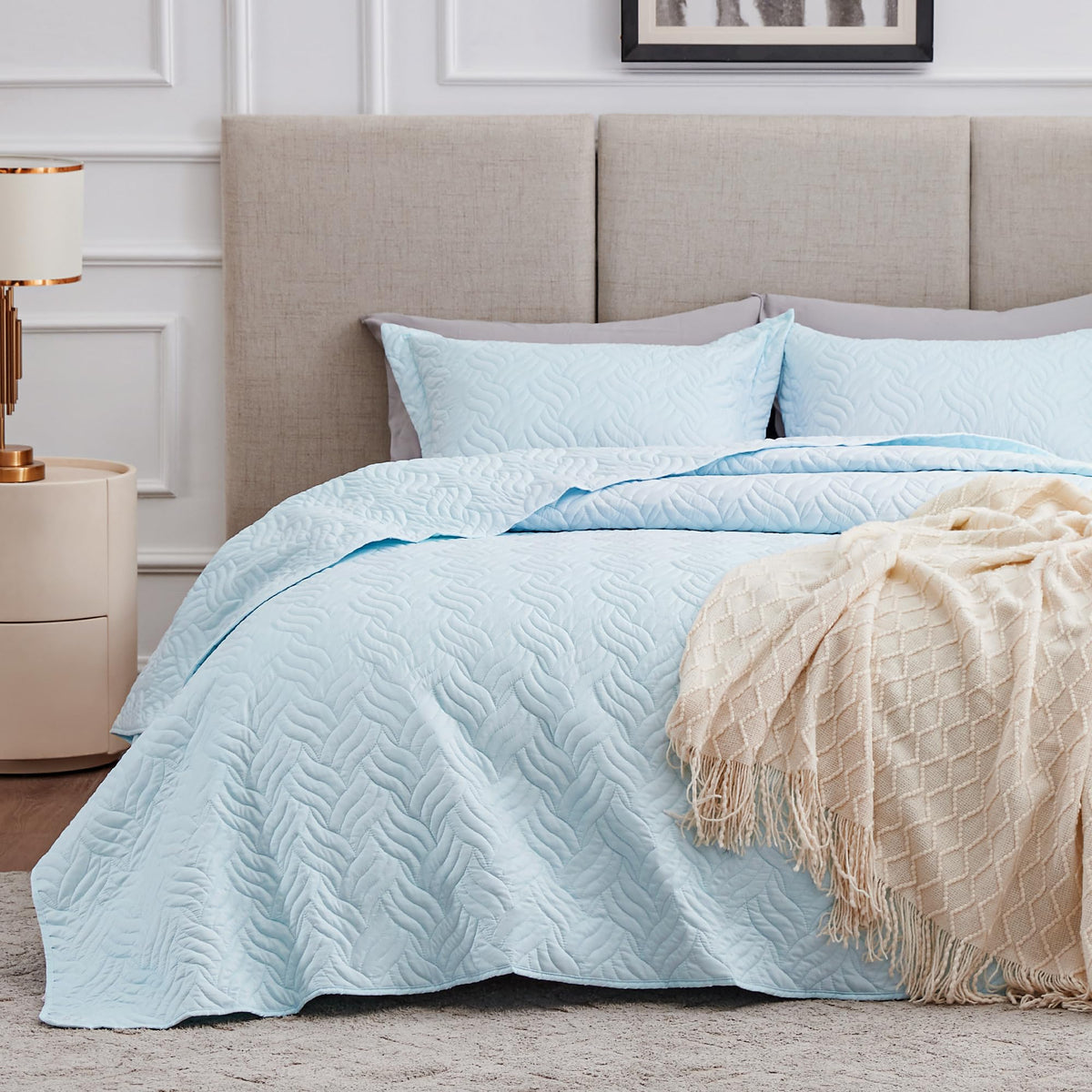 Love'S Cabin Twin Quilt Set Light Blue Bedspreads - Soft Bed Summer Quilt Lightweight Microfiber Bedspread- Modern Style Wave Pa