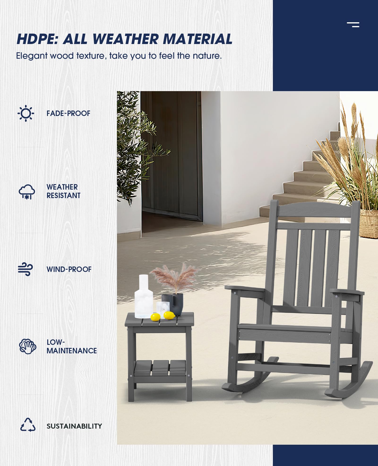 Kingyes Oversized Outdoor Rocking Chair Set Of 4, High Density Polyethylene Patio Rocking Chairs With 350Lbs Support For Adults, Light Gray