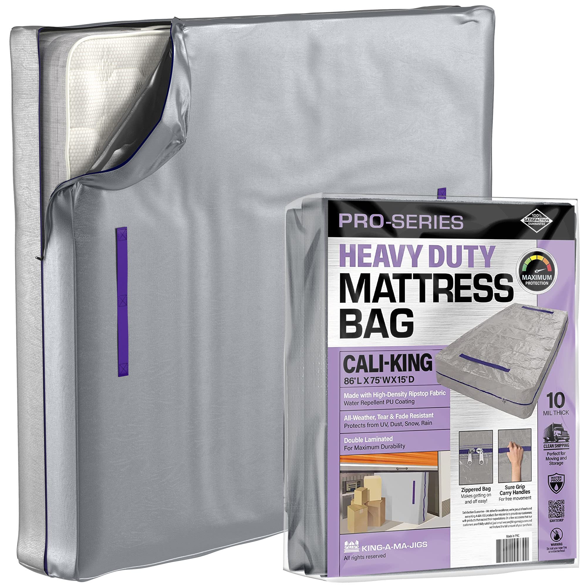 (California King) 10 Mil Thick - Moving And Storage Mattress Bag W Zipper And 8 Carrying Handles - Waterproof - Uv Resistant - H