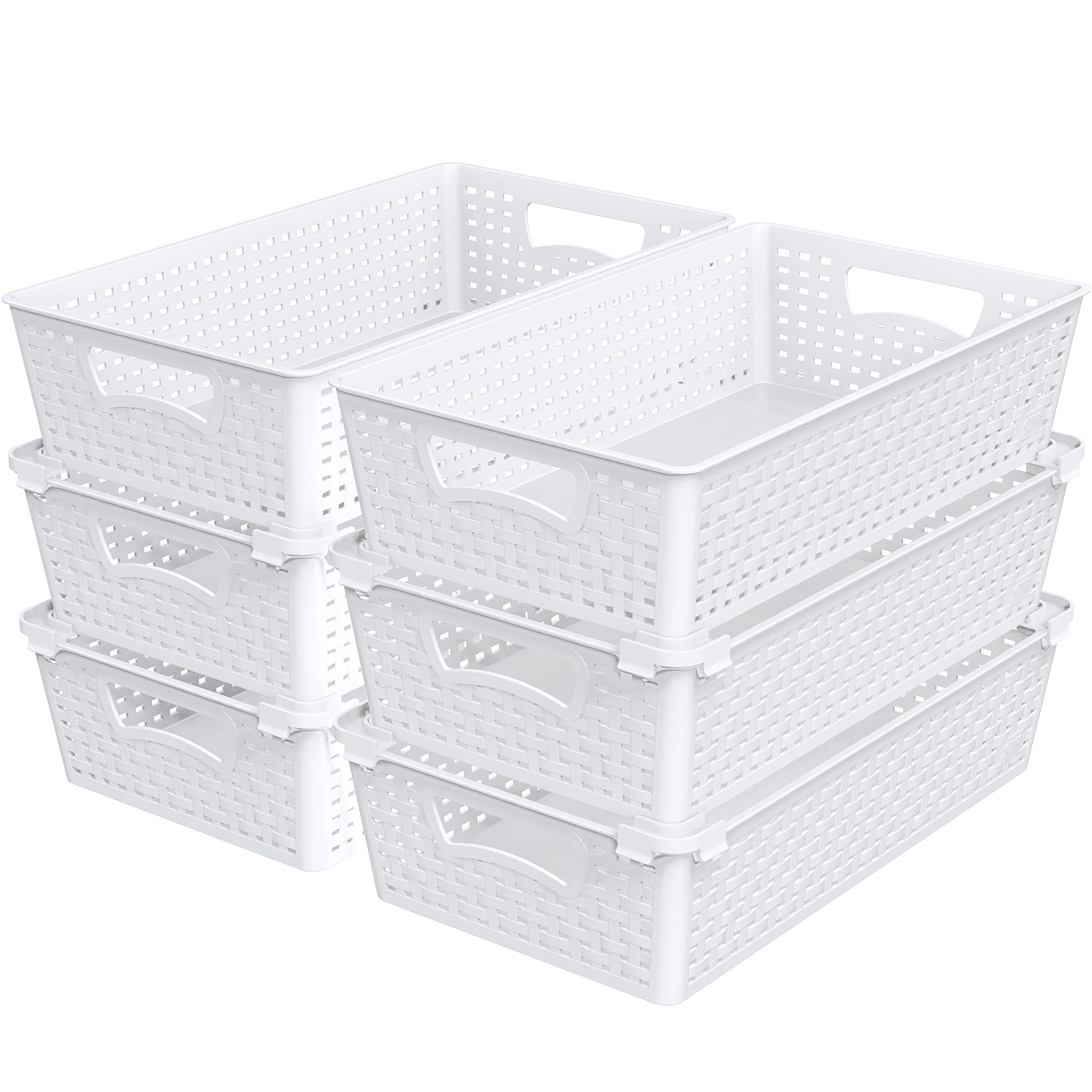 Simple Houseware Plastic Stackable Storage Basket Pantry Organizer, 6 Pack, 14.5 x 8.5 x 3.5, White