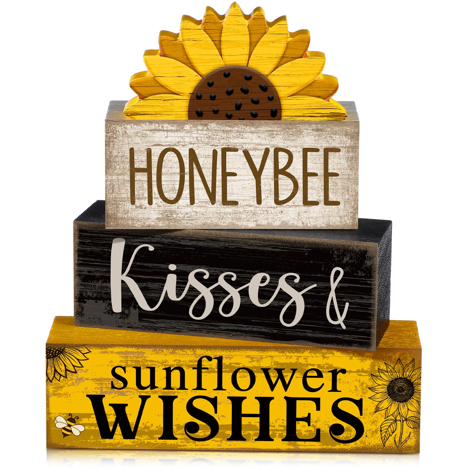 Lineshading 4 Pcs Summer Table Decor Wooden Sunflower Tiered Tray Decor Rustic Farmhouse Yellow Block Signs Gifts Summer Tableto
