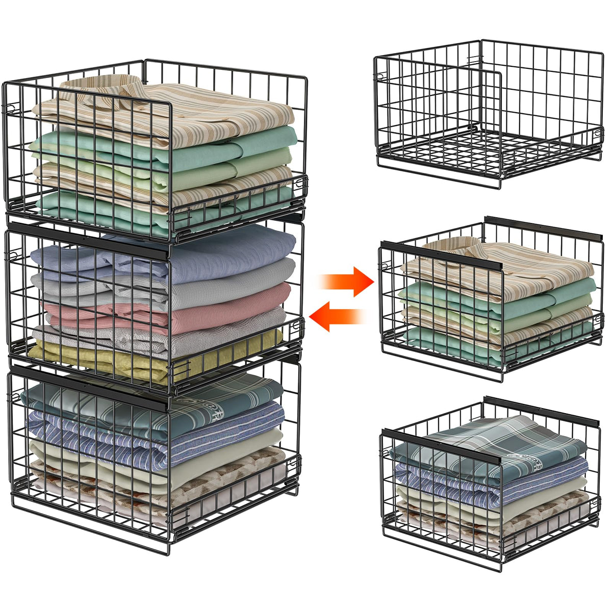 Hongtamoya 3 Tier Sliding Closet Organizers and Drawer Storage Shelves, Stackable Storage Bins for Jean Pants Sweaters, Storage 
