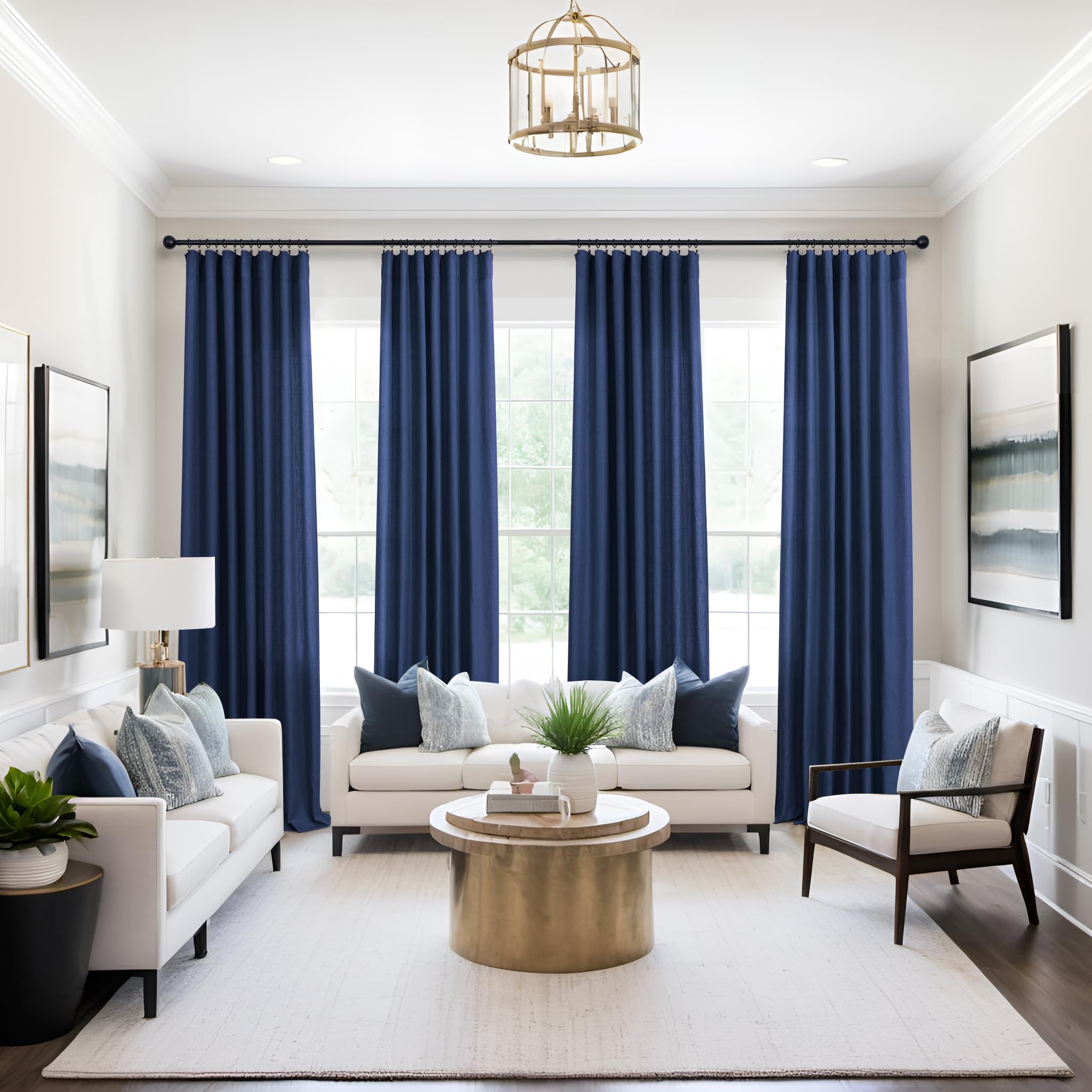 Navy Blue Long Curtains 120 Inch Length For Living Room Decor 2 Panels Rod Pocket Linen Draperies Semi Sheer Privacy Energy Efficient Dark Blue Curtains For Bedroom Sunroom Patio Door 52X120 Tall
