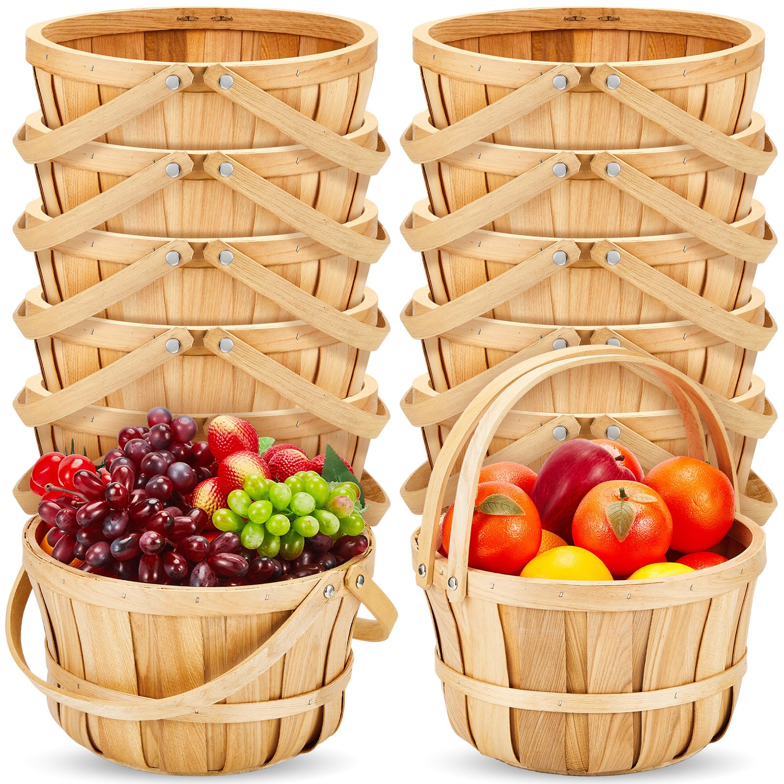 Marsui 10 Pcs 11 X 6.5' Large Round Wooden Basket Apple Baskets Fruit Bushel Baskets Farmers Fall Harvest Portable Garden Baske
