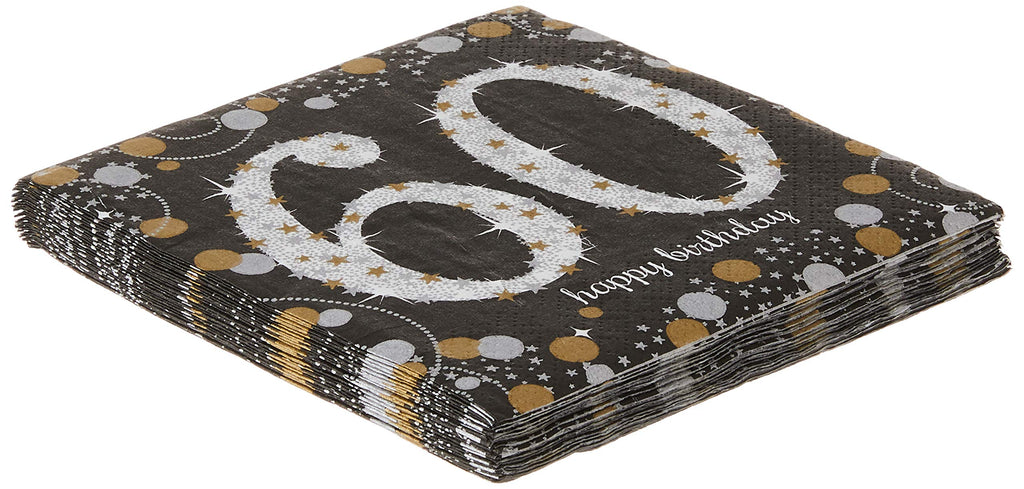 Sparkling Celebration 60th Beverage Napkins (5'' x 5'') Packs Of 16 - Gold, Silver & Black Elegance - Perfect For 60th Birthday 