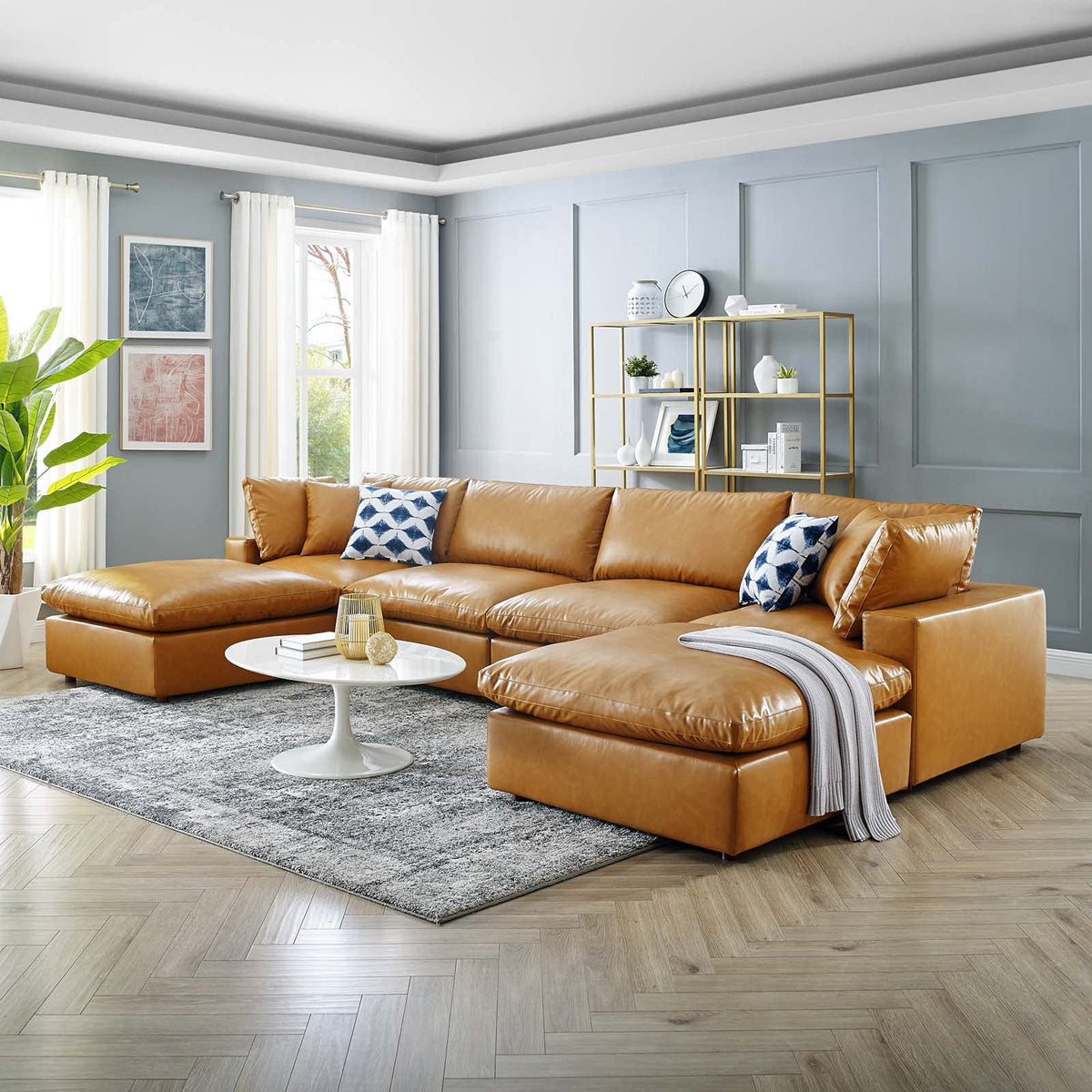 Modway Commix Modular Sofa, Double Reclining Sectional, Tan Vegan Leather