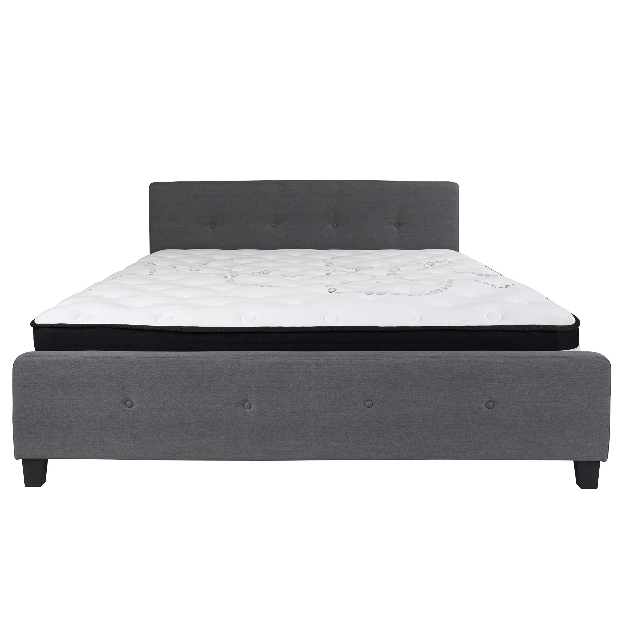 Flash Furniture Tribeca King Size Tufted Upholstered Platform Bed in Dark Gray Fabric with Pocket Spring Mattress