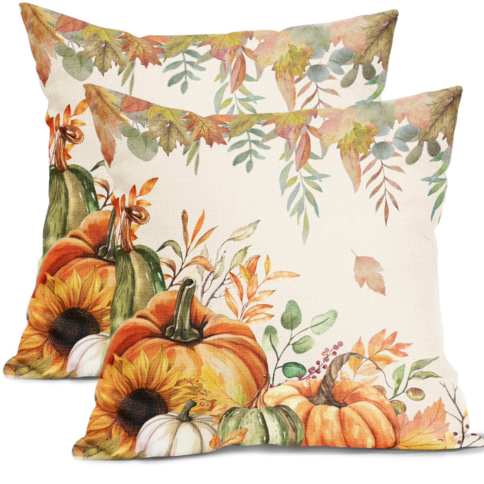 Fall Throw Pillow Covers 18X18 Set Of 2 Autumn Pumpkin Maple Leaves Decorative Pillow Covers Thanksgiving Farmhouse Outdoor Pill