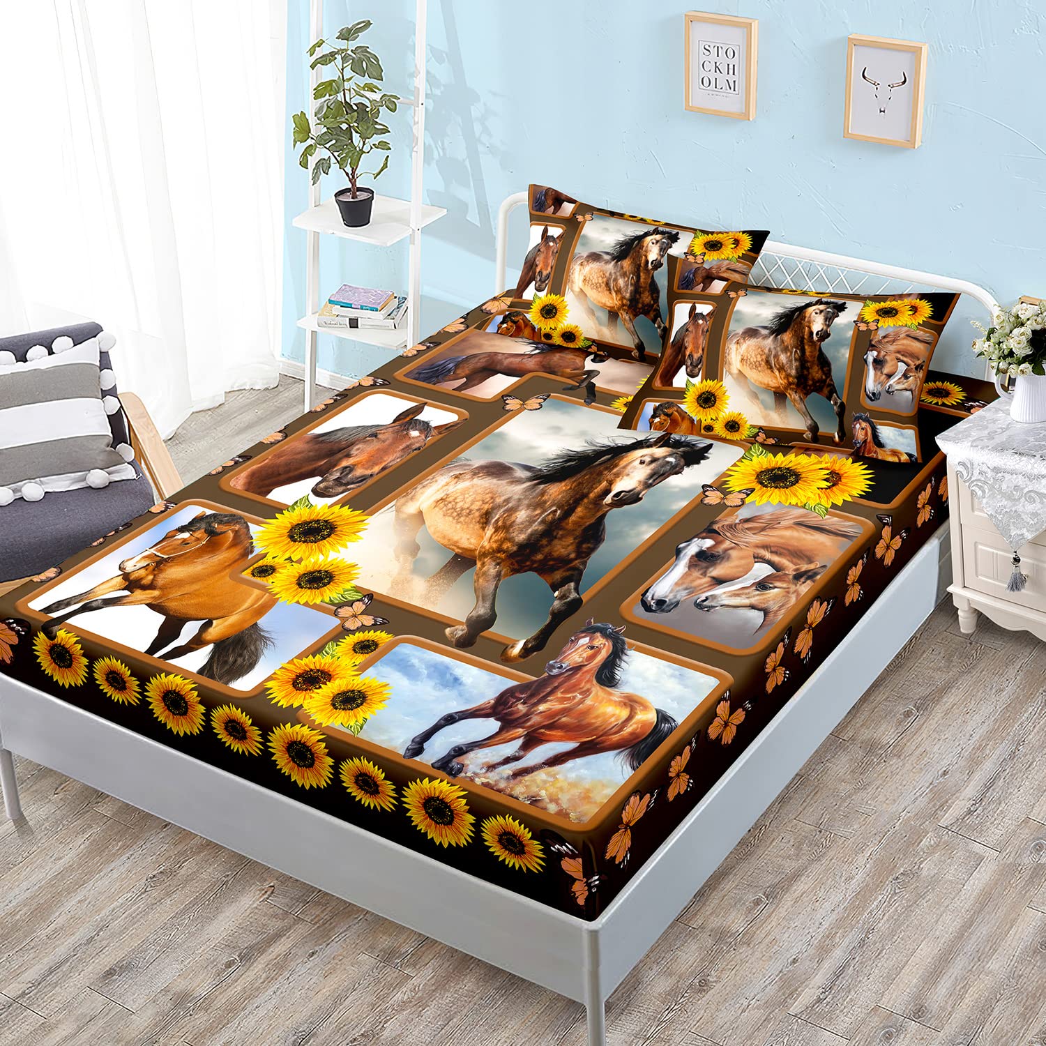 Hosima Horse Fitted Sheet&Pillowcases,Animal Themed Galloping Horse And Sunflower Floral Bedding,3D Printed Soft Decorative Bedd