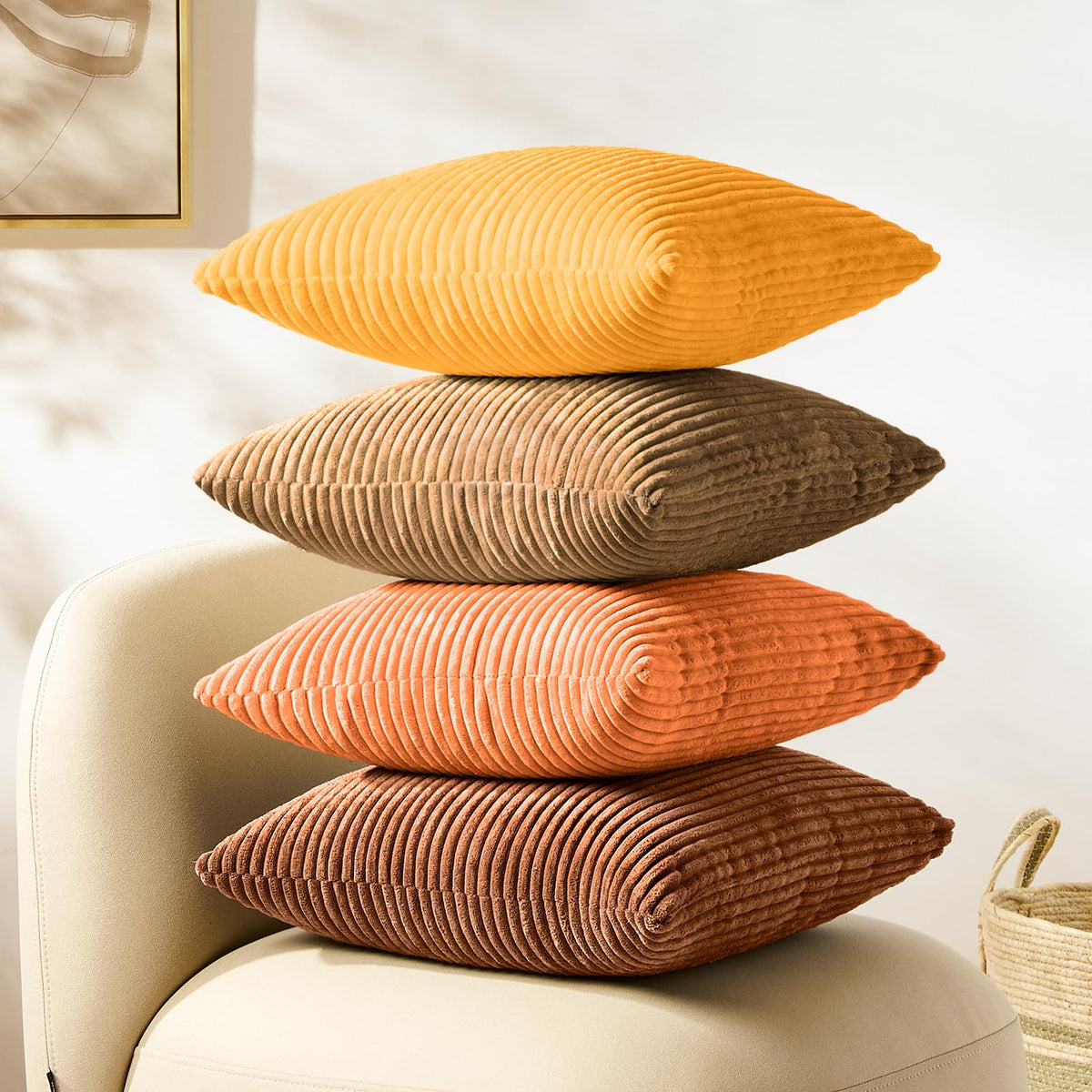 Softalker Fall Pillow Covers 18 X 18, Set Of 4, Soft Corduroy Solid Striped Throw Pillow Cover, Modern Cushion Decorative Pillow