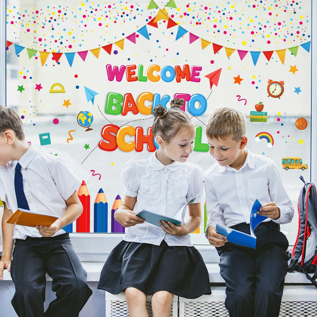 Jarthenaamcs Welcome Back To School Window Clings Flag Banner Colorful Pencils Window Stickers Double Sided Wall Glass Decals Fo