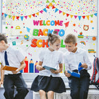 Jarthenaamcs Welcome Back To School Window Clings Flag Banner Colorful Pencils Window Stickers Double Sided Wall Glass Decals Fo
