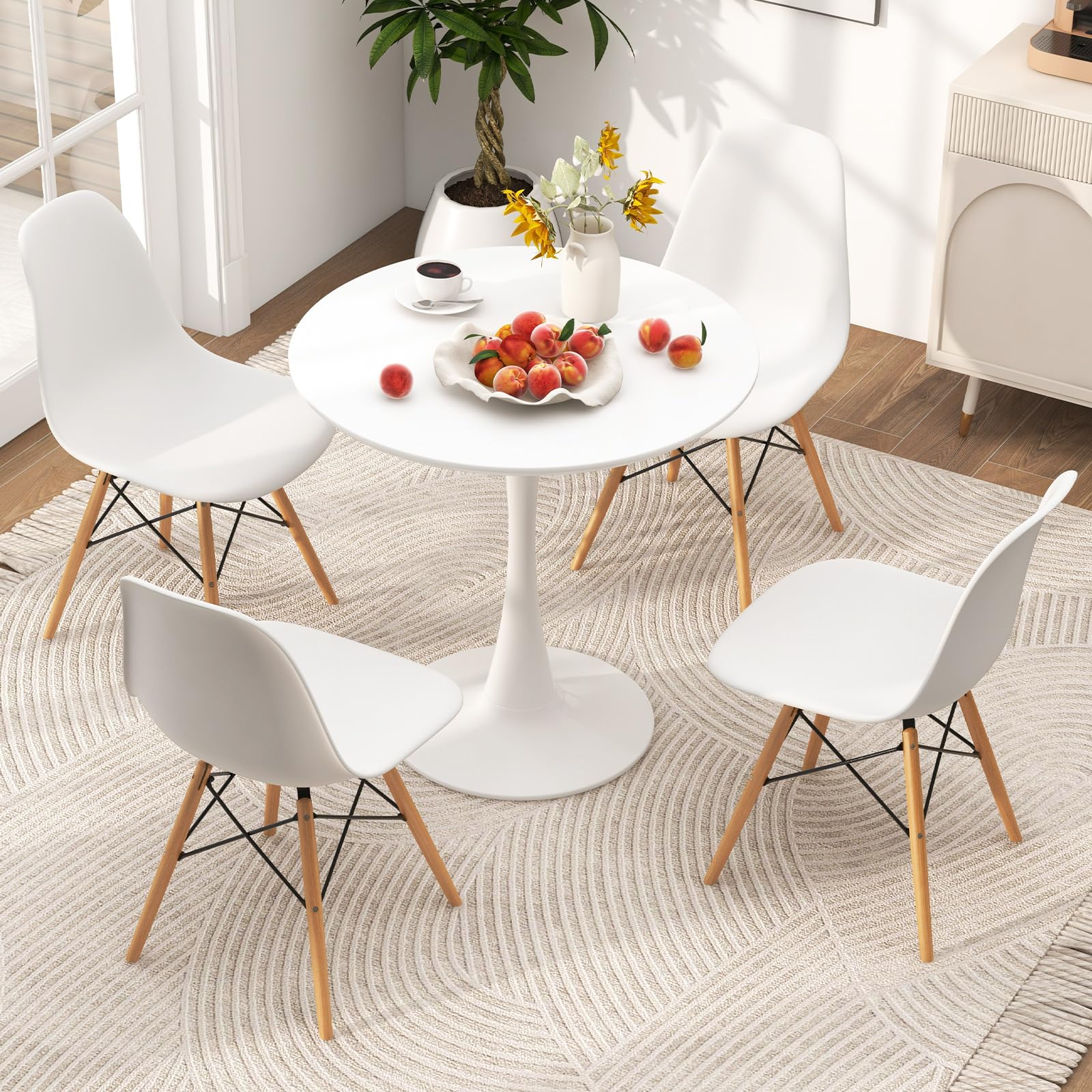 Tangkula Round Dining Table Set For 4, Kitchen Table Set With Seat & Solid Wood Legs, Round Kitchen Table And Chairs For Small Space, White