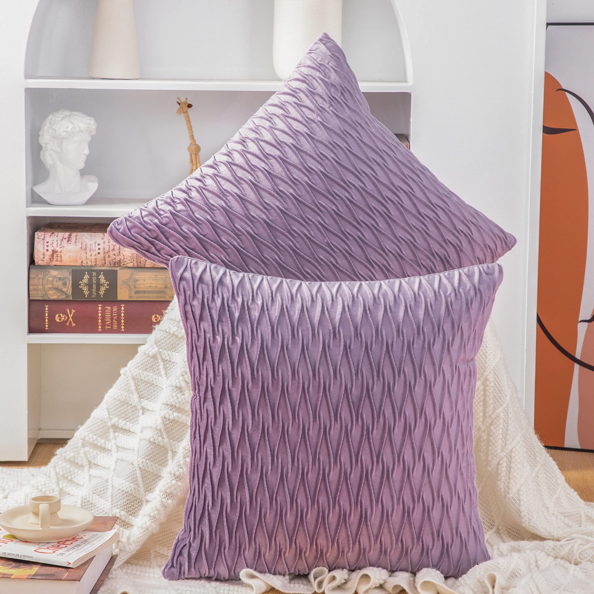 Madizz Set Of 2 Super Soft Velvet Decorative Throw Pillow Covers 26X26 Inch Violet Square With Texture Luxury Style Cushion Case