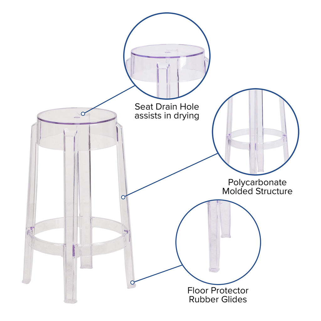 Flash Furniture Laney 25.75" Indoor/Outdoor Counter Height Transparent Dining Stool with Foot Ring, Stackable Ghost Counter Height Stool, Transparent