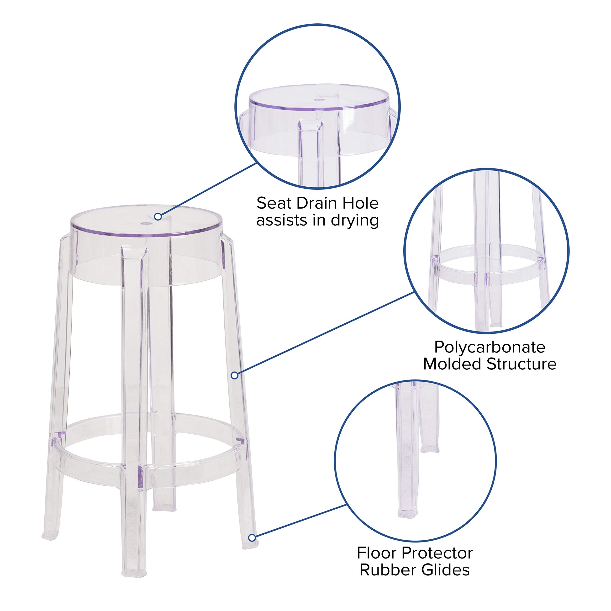 Flash Furniture Laney 25.75" Indoor/Outdoor Counter Height Transparent Dining Stool with Foot Ring, Stackable Ghost Counter Height Stool, Transparent