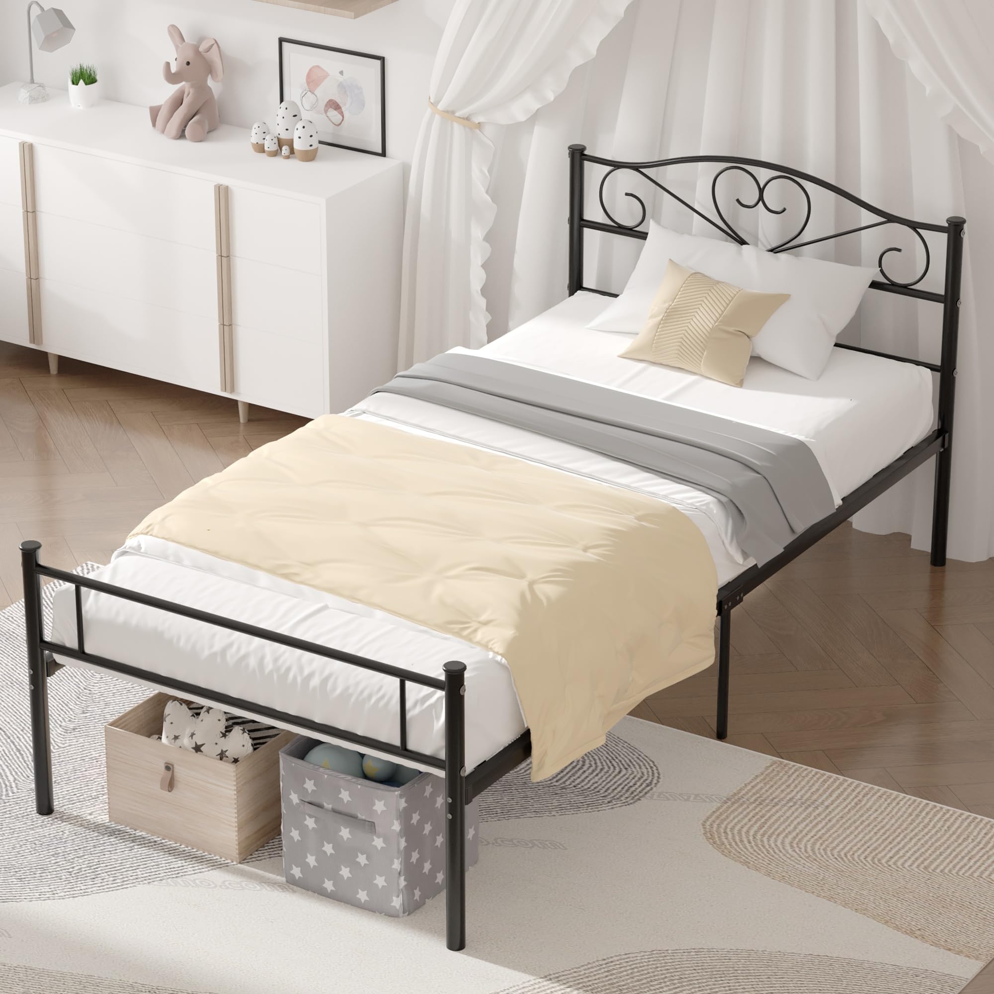 Vecelo Metal Platform Bed Frame With Headboard & Footboard, Steel Slats Mattress Foundation, No Box Spring Needed, Twin, Matte Black