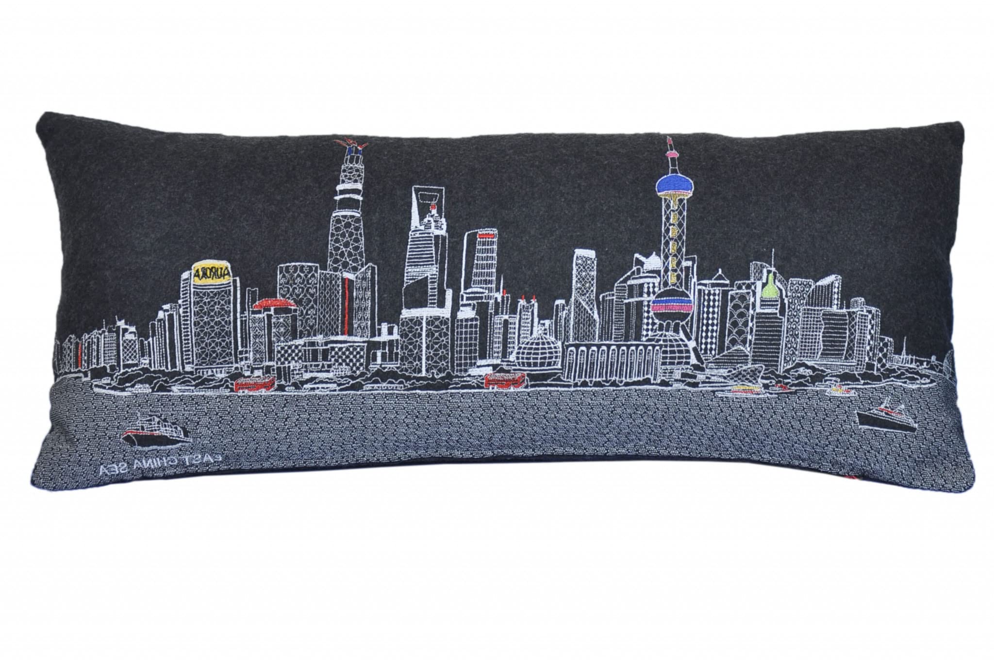 HomeRoots Grey 35' Black Shanghai Nighttime Skyline Lumbar Decorative Pillow