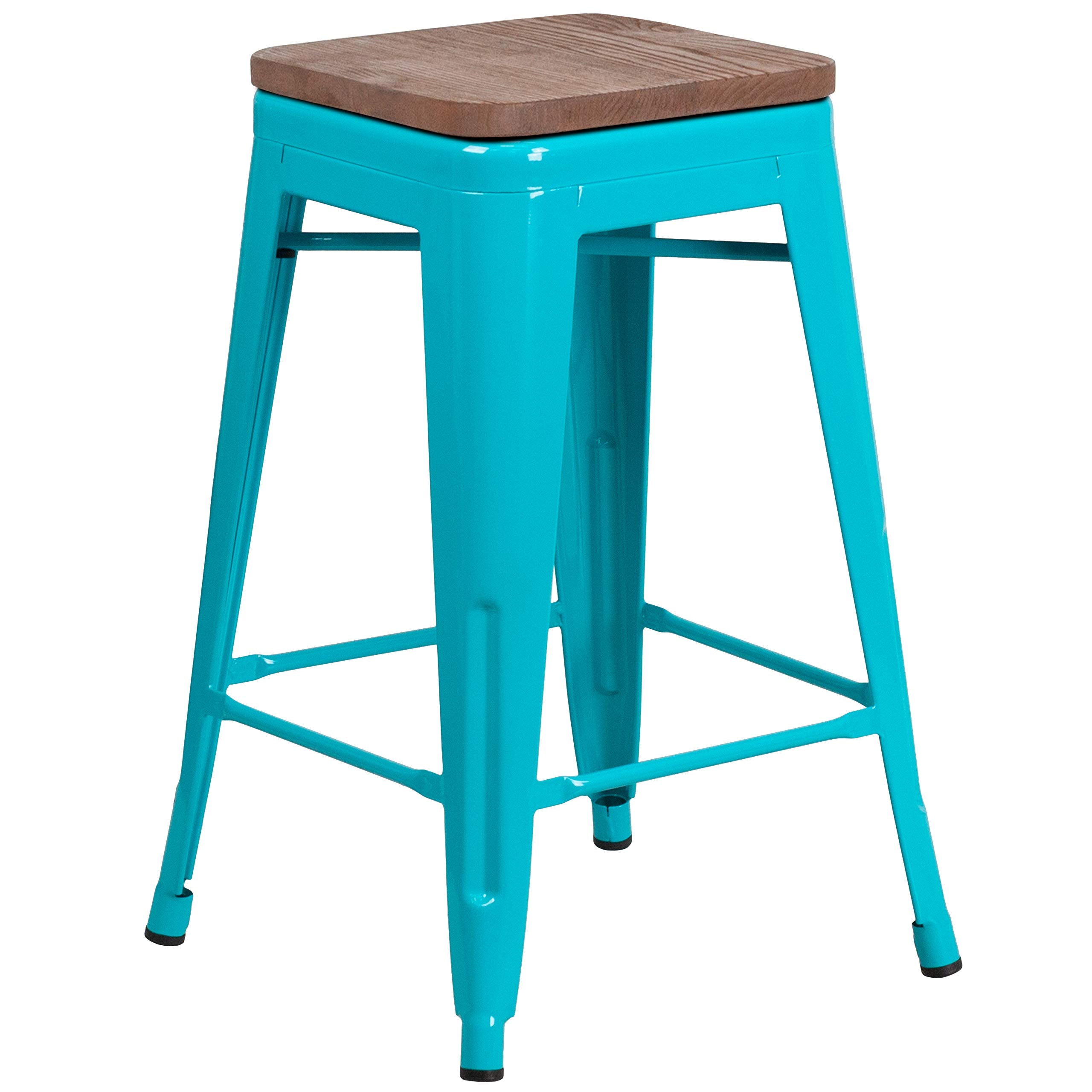 Flash Furniture Sinclair 24&quot; High Backless Crystal Teal-Blue Counter Height Stool With Square Wood Seat