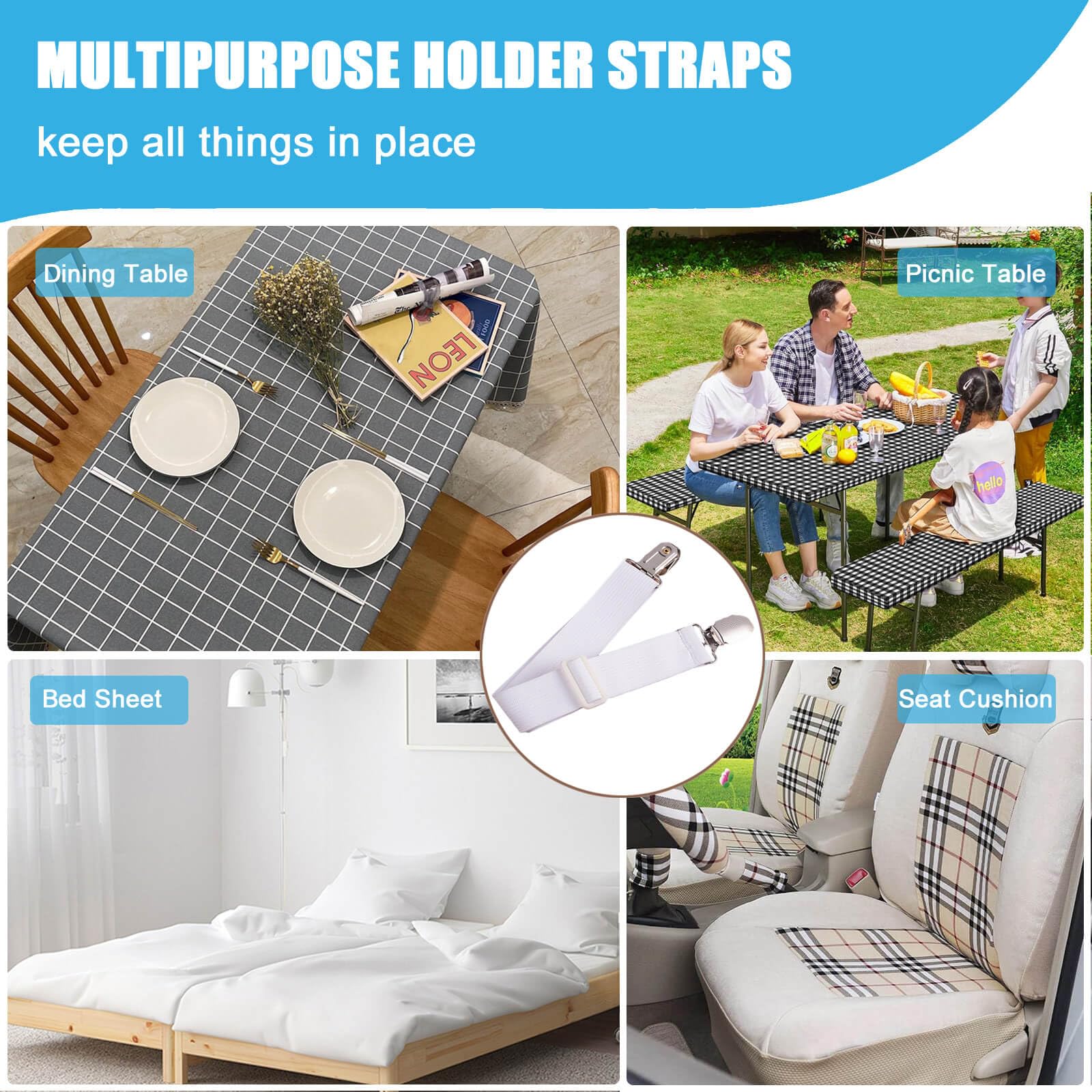 Table Cloth Holder Clips Hidden Strap 5 Pack, Adjustable Elasticity Picnic Tablecloth Clip Indoor Outdoor Large Clamp For Thick