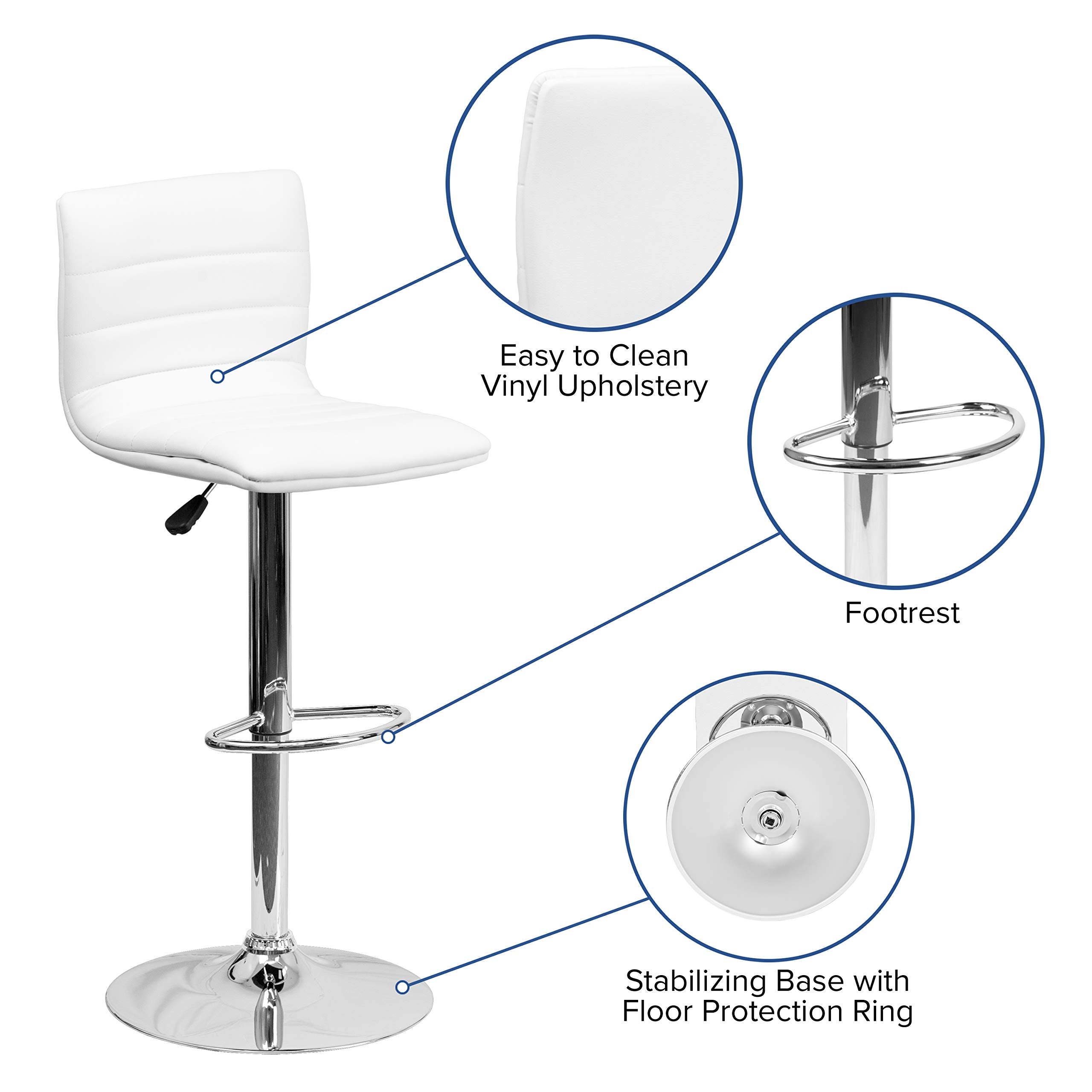 Flash Furniture Vincent Modern Adjustable Height Barstool With Footrest And Padded Mid-Back, Upholstered Vinyl Bar/Counter Height Stool, White/Chrome