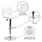 Flash Furniture Vincent Modern Adjustable Height Barstool With Footrest And Padded Mid-Back, Upholstered Vinyl Bar/Counter Height Stool, White/Chrome