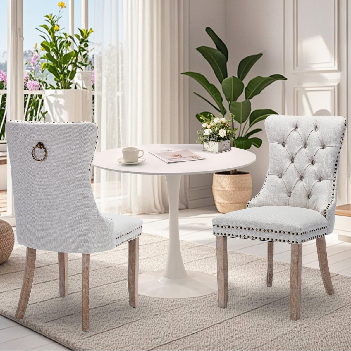 Soartalent 3-Pieces 31.5' Round Dining Table Set For 2, White Dining Table & Linen Upholstered Dining Chairs Set Of 2 For Kitch